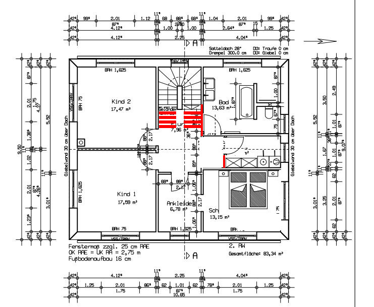 Grundriss einer Wohnetage: zwei Kinderzimmer, Schlafzimmer, Ankleide, Bad, Flur, Treppenhaus.