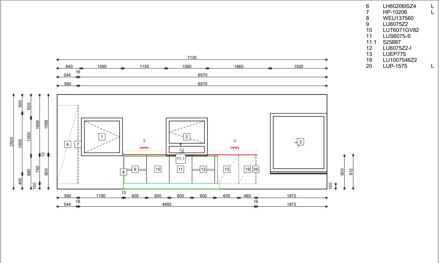 Grundriss einer Küche mit Maßlinien, Schränken, Spüle und Arbeitsplatte.