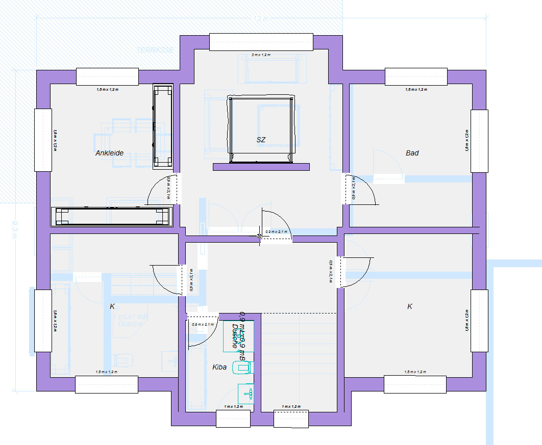 Grundriss eines Hauses: Schlafzimmer (SZ), Bad, Küche, Ankleide, Kinderbad (Kiba) und Terrasse.