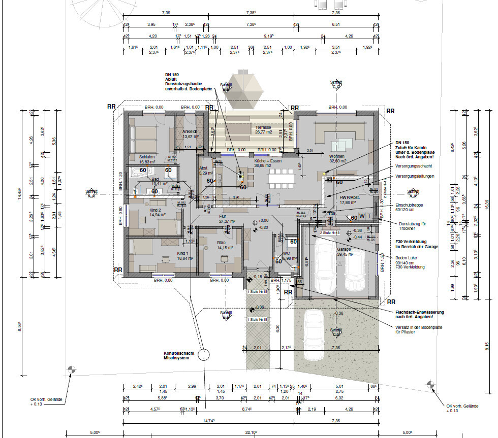 Grundriss eines Einfamilienhauses Wohn-/Essbereich, Küche, Schlafzimmer, Bad, Terrasse und Doppelgarage.