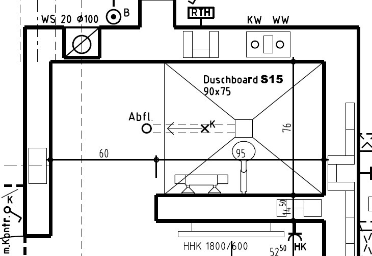 Technischer Grundriss eines Raums mit Duschboard S15 90x75, Abfluss; Maße markiert.