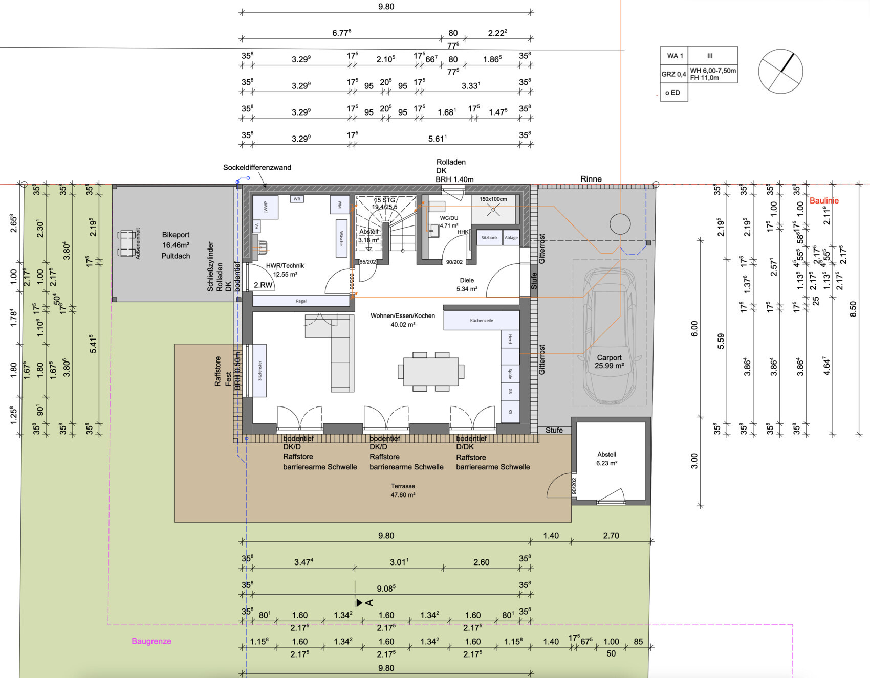Grundriss eines Hauses mit Wohn-/Ess-/Kochbereich, Bad, Carport und Terrasse.