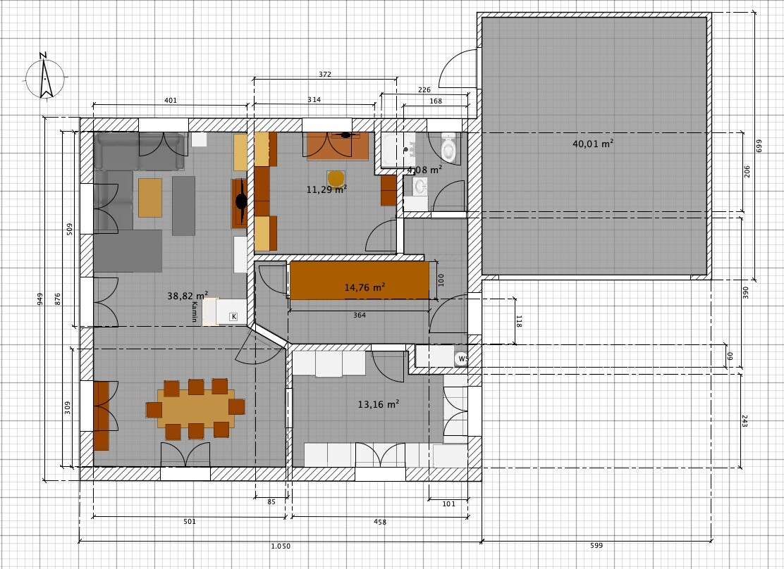Grundriss eines Hauses mit Küche, Wohnzimmer, Esszimmer, Schlafzimmer, Bad, Büro und Garage.