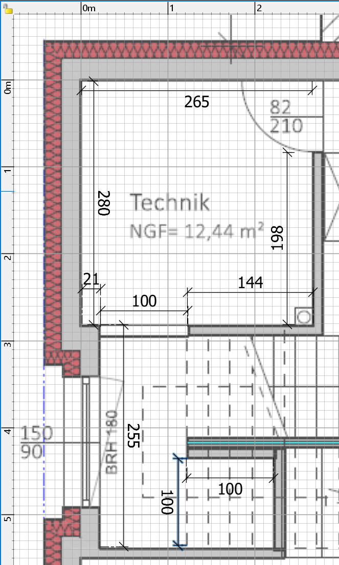 Technikraum Grundriss eines Bauplans mit Maßen, Wänden und Türen im Grid-Layout