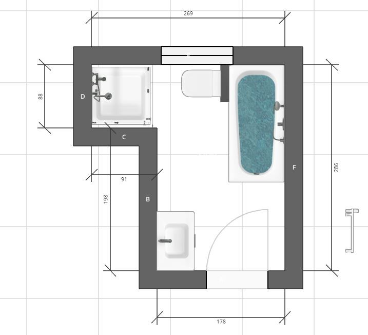 Grundriss eines Badezimmers mit Badewanne, Dusche, Waschbecken und Tür.