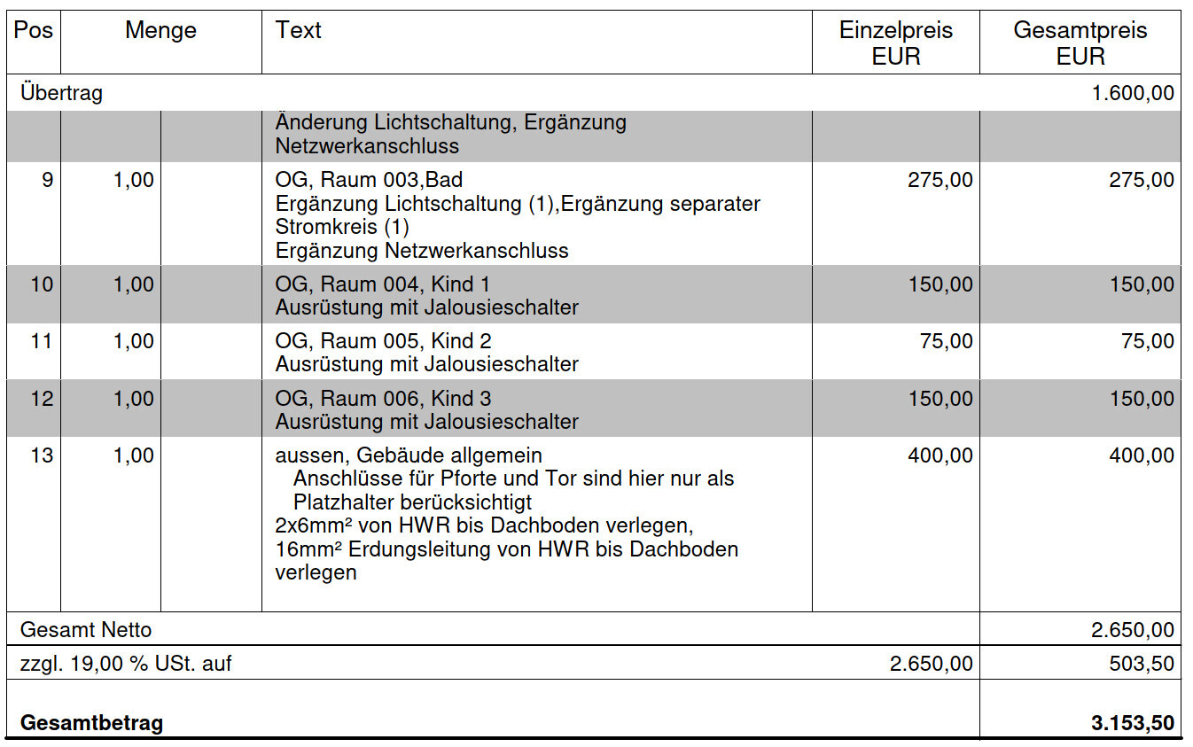 Rechnungstabelle mit Positionen 9-13, Texten und Preisen in EUR.