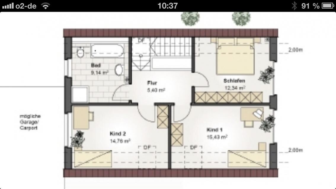 Grundriss eines Hauses mit Bad, Flur, Schlafzimmer und zwei Kinderzimmer