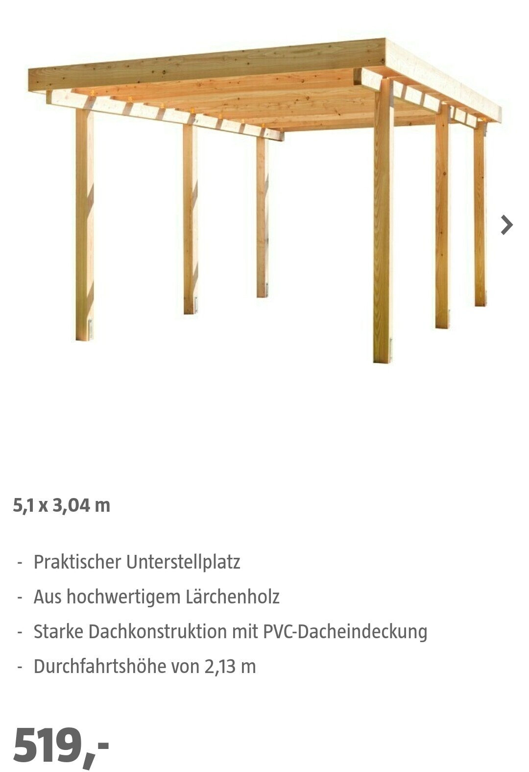 Holz-Unterstellplatz aus Lärchenholz mit offener Dachkonstruktion und vier Stützen
