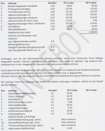 Preis- und Leistungsübersicht für Bauleistungen mit Stundennachweisen und Preisen