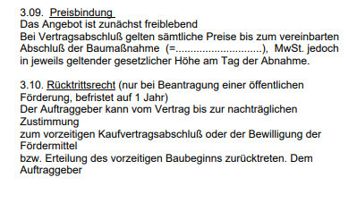 Textdokument mit Preisbindungs- und Vertragsklauseln