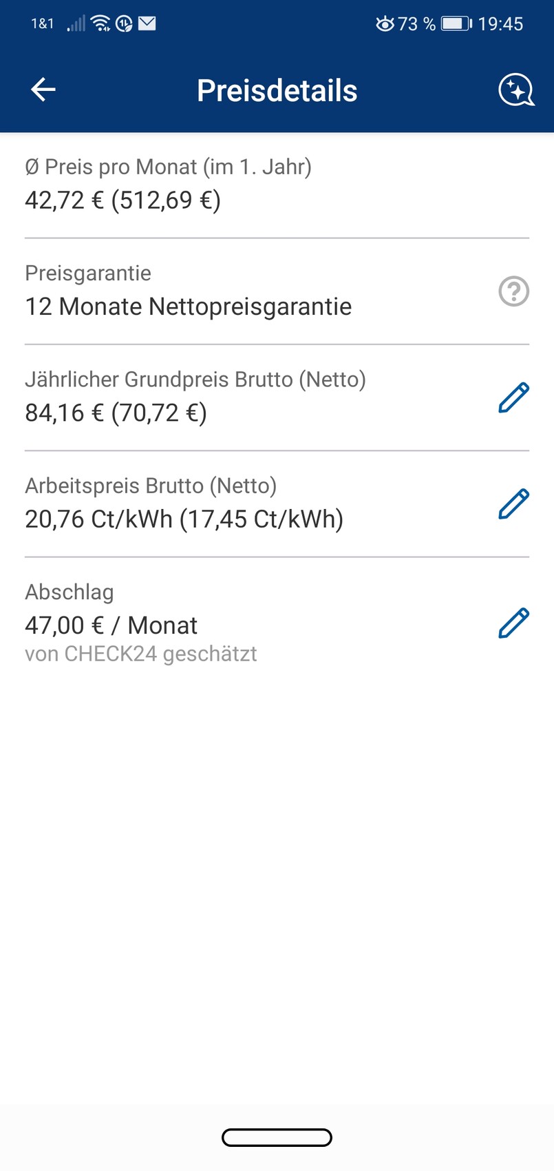 Preisdetails: monatlicher Grundpreis, Arbeitspreis, Garantie und Abschlag.