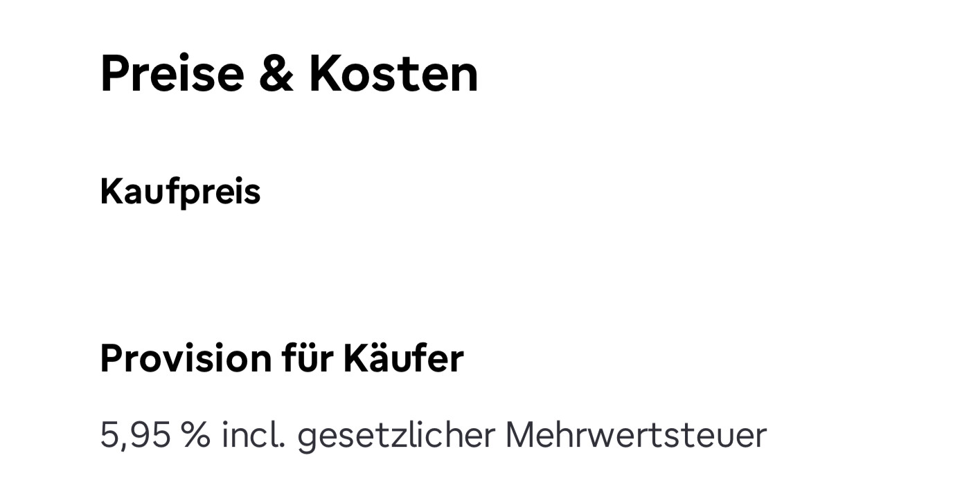 Übersicht zu Preisen: Kaufpreis, Provision für Käufer, 5,95 % incl. gesetzlicher Mehrwertsteuer