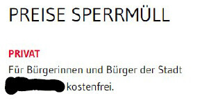 Schild mit Preisinformationen für Sperrmüll, privat, kostenfrei.