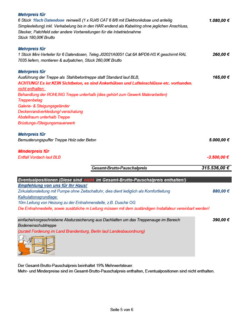 Seite einer Baupreisliste mit Preisen, Tabellen und roten Warnhinweisen.