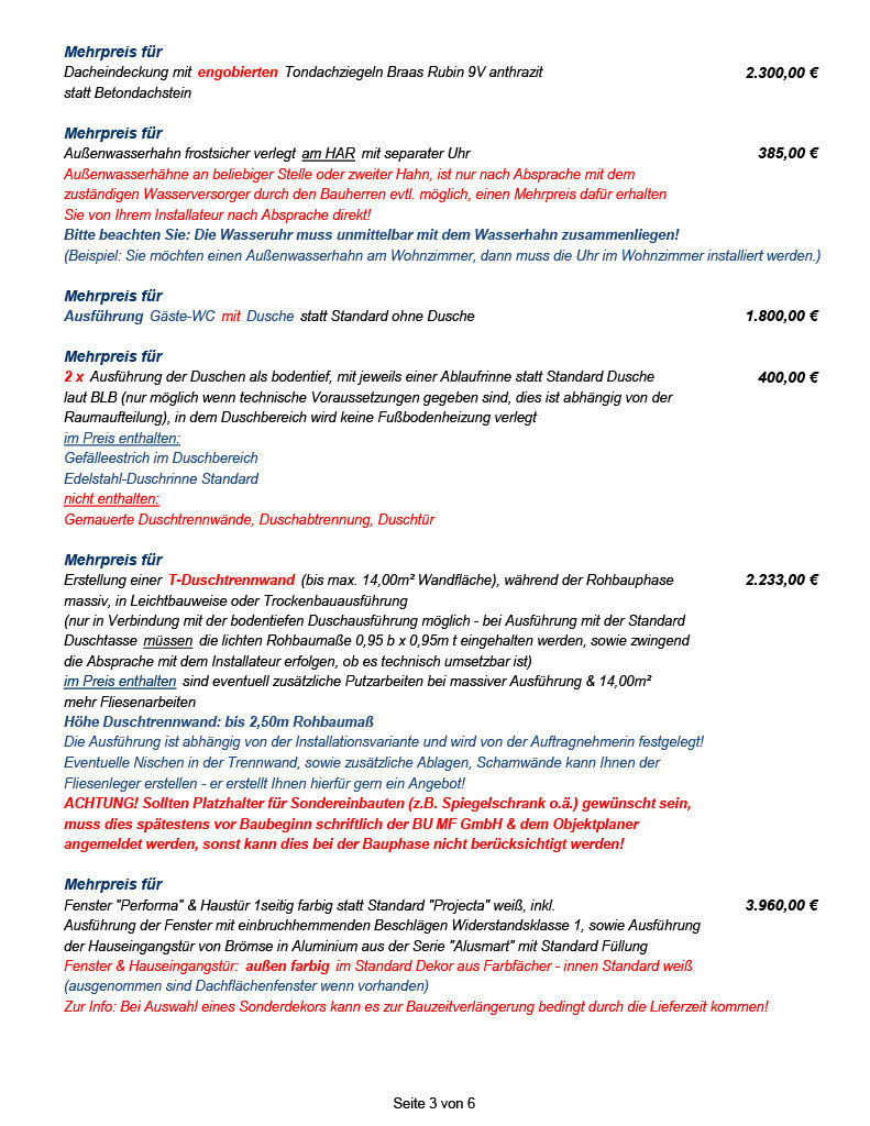 Preisliste mit Zusatzkosten für Dach, Sanitär, Fenster und Innenausbau