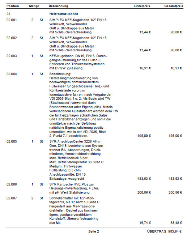 Tabelle mit Heizraumzubehör-Artikeln (02.001–02.007) und Preisen in Euro.