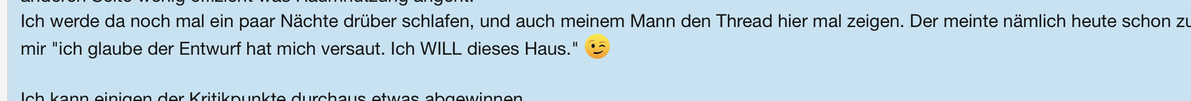 Deutscher Text auf hellblauem Hintergrund über Entwurf, Hauskauf und Zustimmung, mit Zwinker-Smiley.