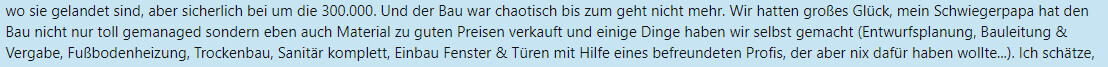 Screenshot eines Textabschnitts über chaotischen Bau, Glück, Selbstleistungen und Profi-Hilfe.