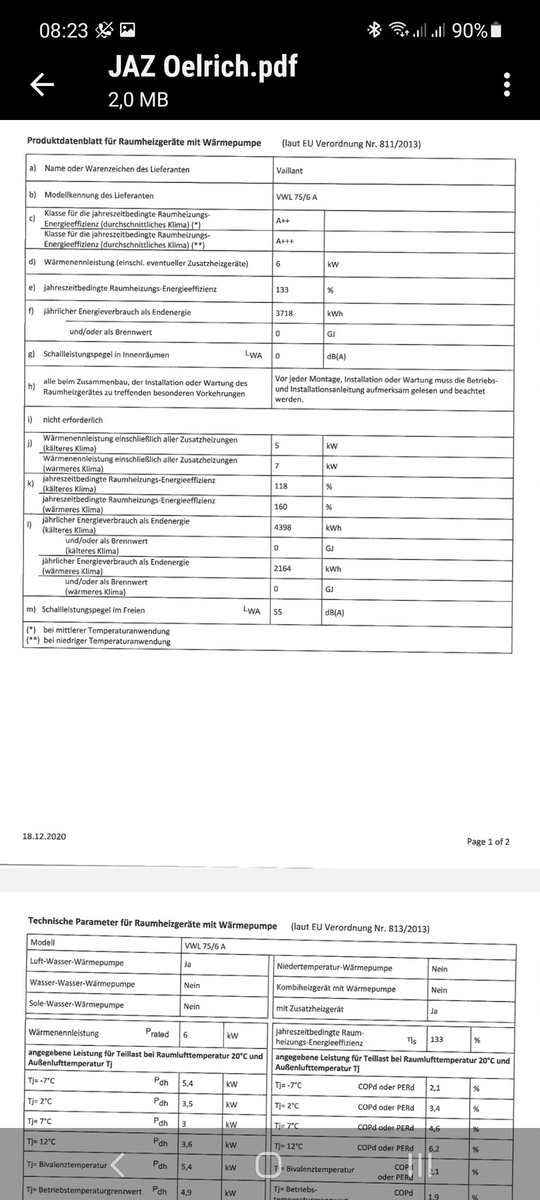 Technisches Datenblatt: Raumheizgeräte mit Wärmepumpe, EU-Verordnungen 811/2013 und 813/2013.