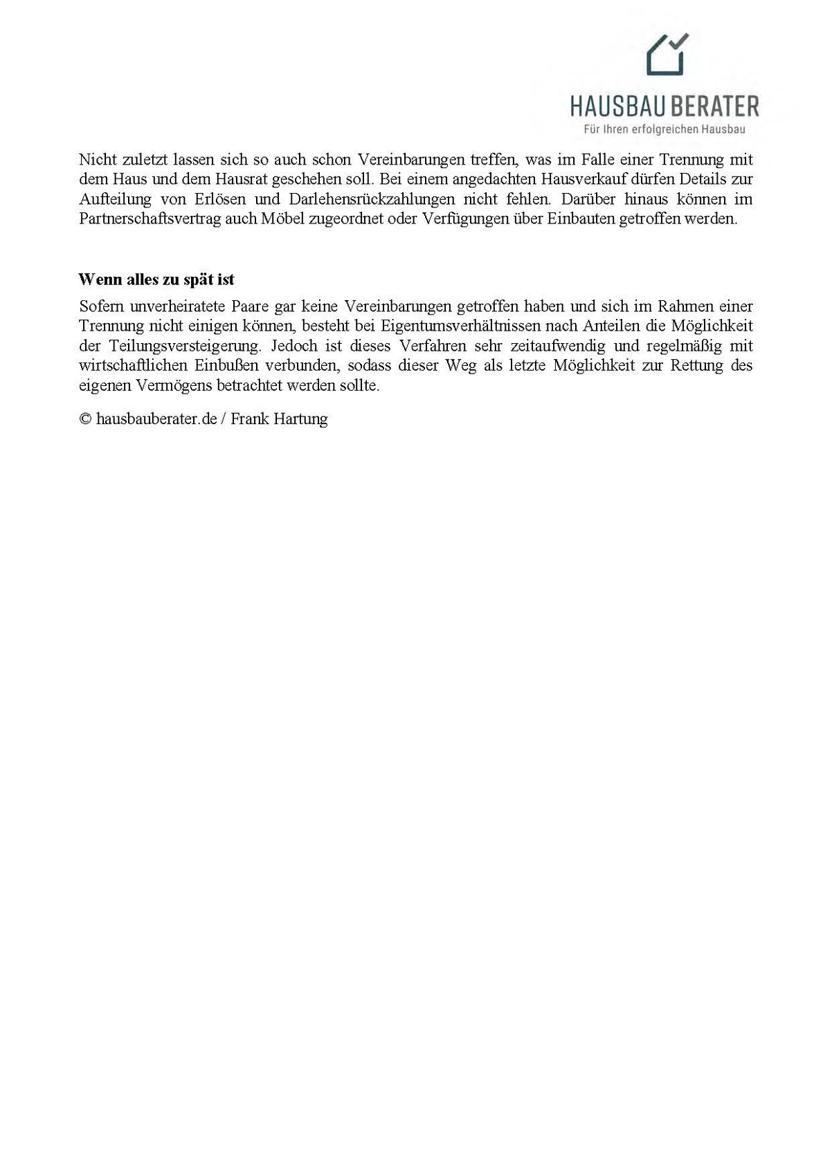 Dokument mit Logo Hausbau Berater; Text über Trennung und Vermögensaufteilung.