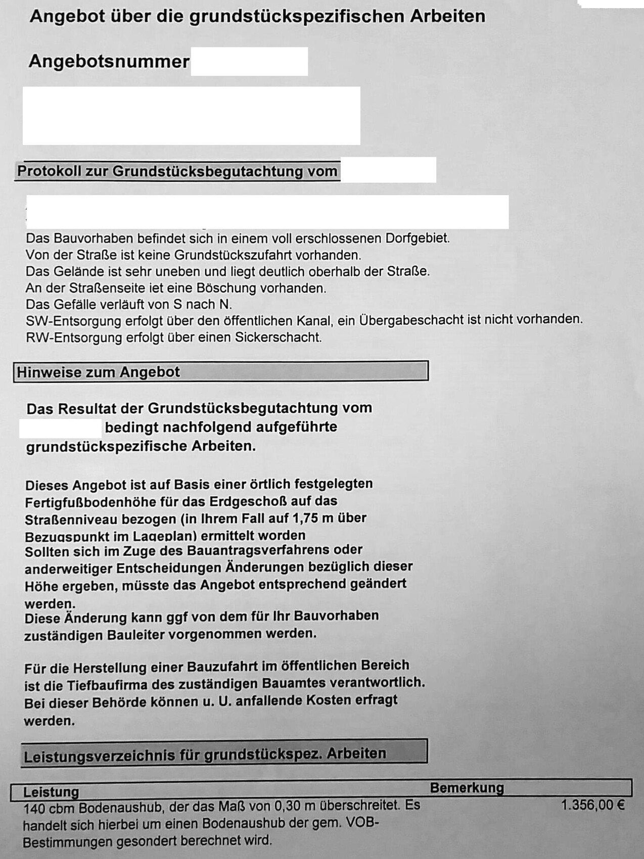 Scan eines Formulars: Angebot zu grundstücksspezifischen Arbeiten; Protokoll der Begutachtung.