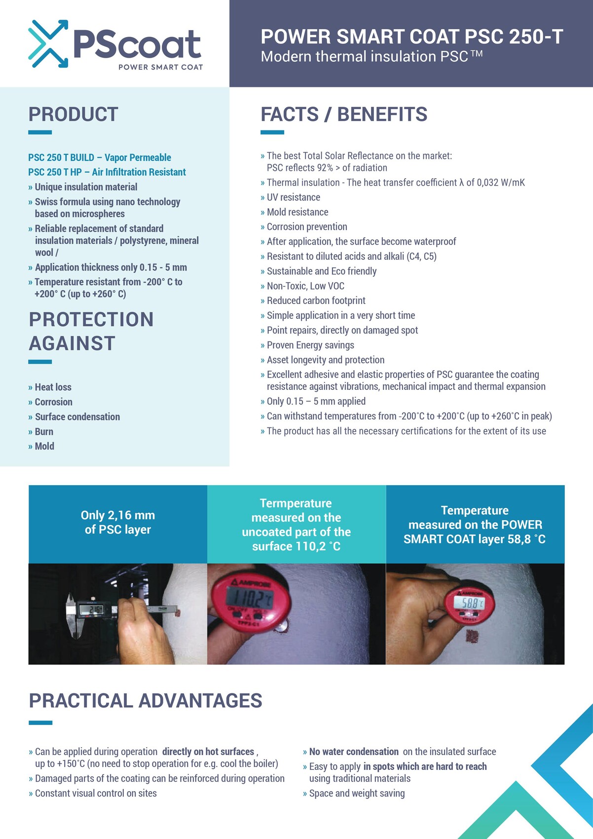 Infografik: PSC 250-T Power Smart Coat – Produktinfos, Vorteile und Temperaturmessungen.