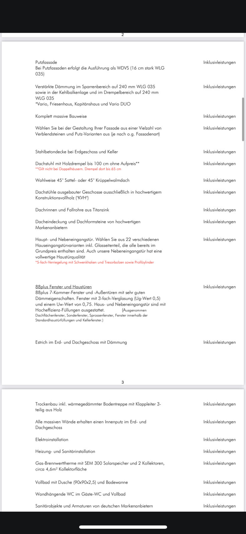 Baubeschreibung-Seite mit Fassaden, Dämmung, Dach, Fenster, Türen und Inklusivleistungen.