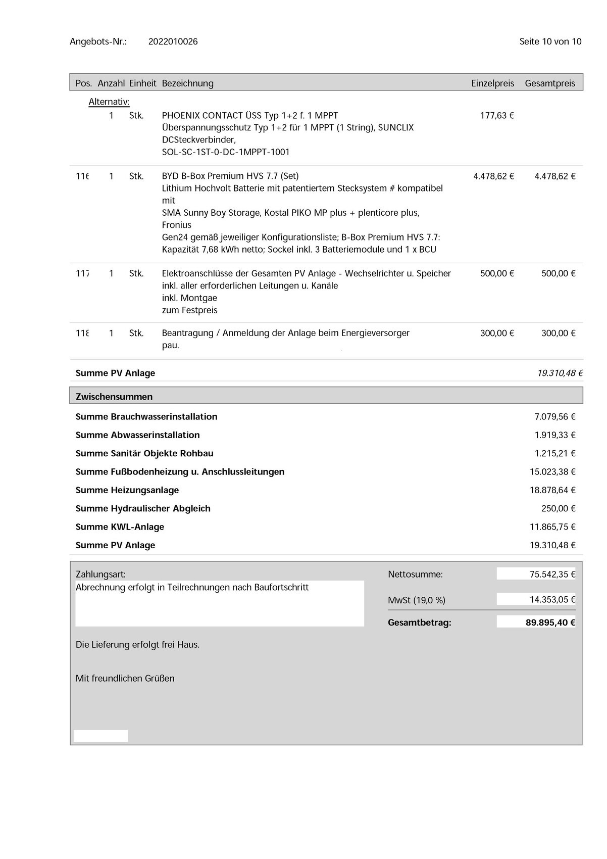 Rechnungsvorlage: Positionsliste, PV-Anlage, Zwischensummen, MwSt, Gesamtbetrag.