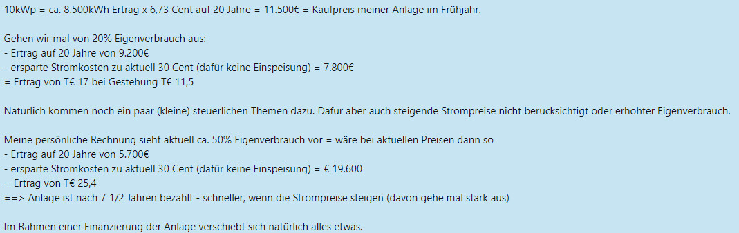 Textbasierte Kalkulation zur Rentabilität einer Solaranlage mit Erträgen und Eigenverbrauch.