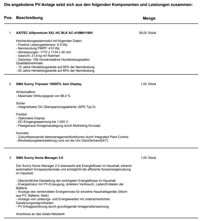Liste von PV-Anlagenkomponenten mit Leistungsdaten in einer Angebotsübersicht