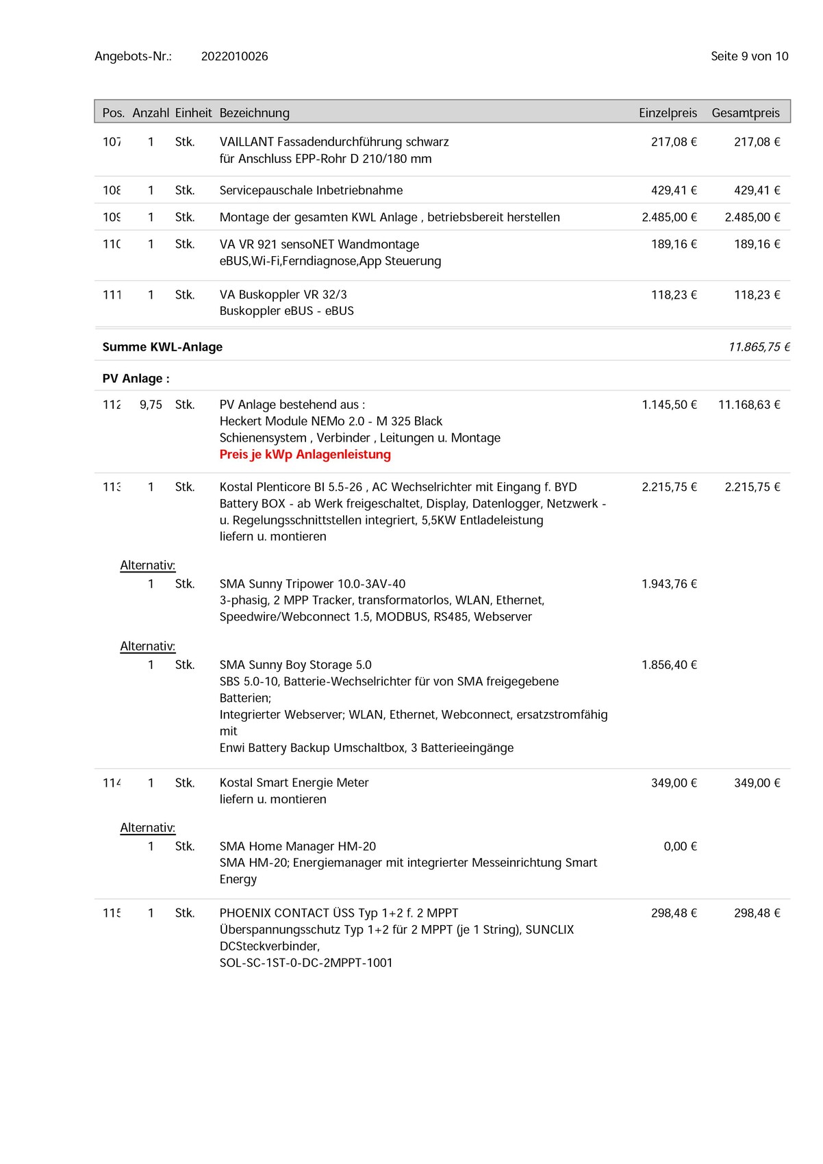 Seite 9 von 10 einer Angebotsrechnung mit Positionen, Preisen und Gesamtsummen