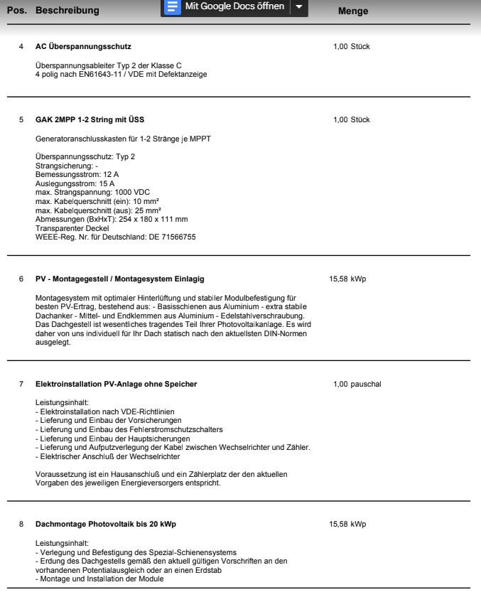 PV-Installationsliste: Überspannungsschutz, Stringverkabelung, Montageset, Elektroinst., Dachmontage