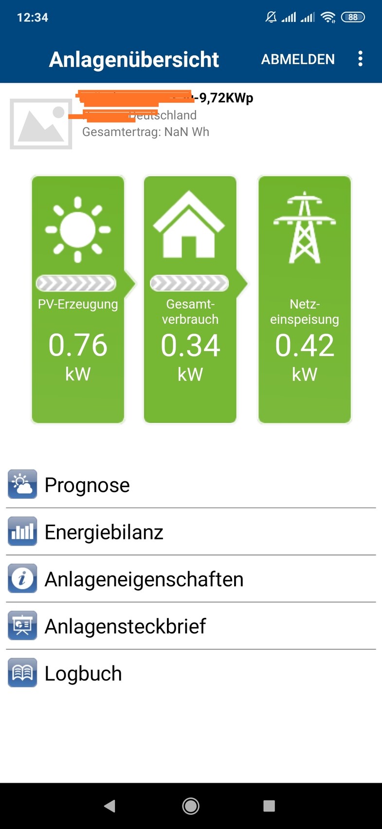 Anlagenübersicht in der App: PV-Erzeugung 0,76 kW; Gesamtverbrauch 0,34 kW; Netzeinspeisung 0,42 kW.