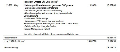 Kostenaufstellung PV-System: Netto 13.657,80 €, MwSt 19% 2.594,98 €, Brutto 16.252,78 €