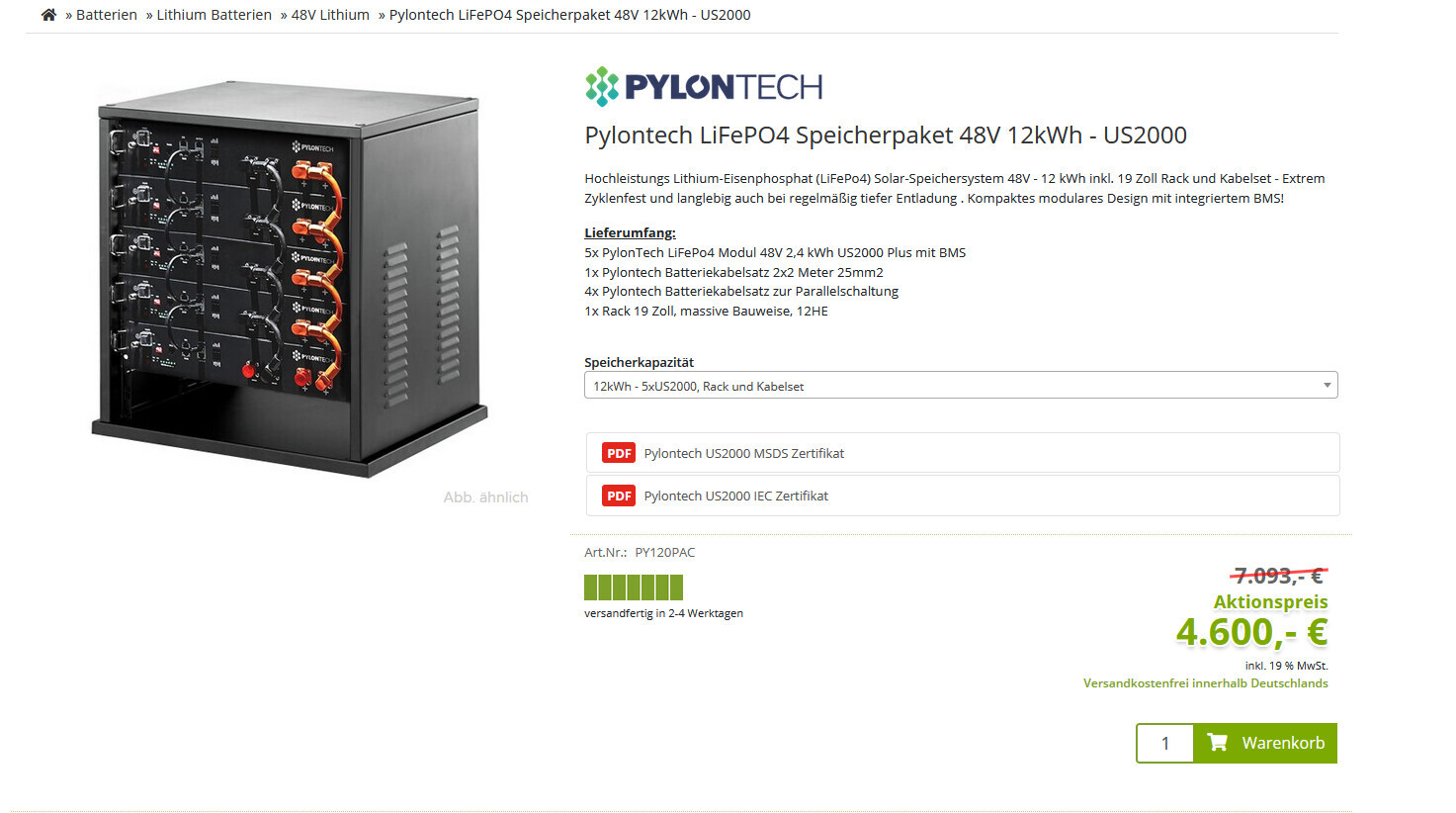 Frontansicht eines Pylontech LiFePO4 Speichersystems 48V 12kWh mit Anschlüssen