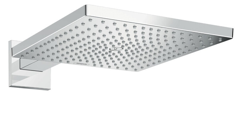 Quadratischer Edelstahl-Regenduschkopf mit Wandhalterung in moderner Dusche