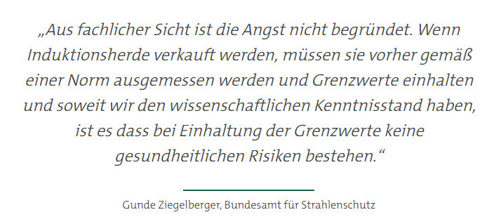 Zitat: Induktionsherde sicher, Normen einhalten, keine gesundheitlichen Risiken (BfS).