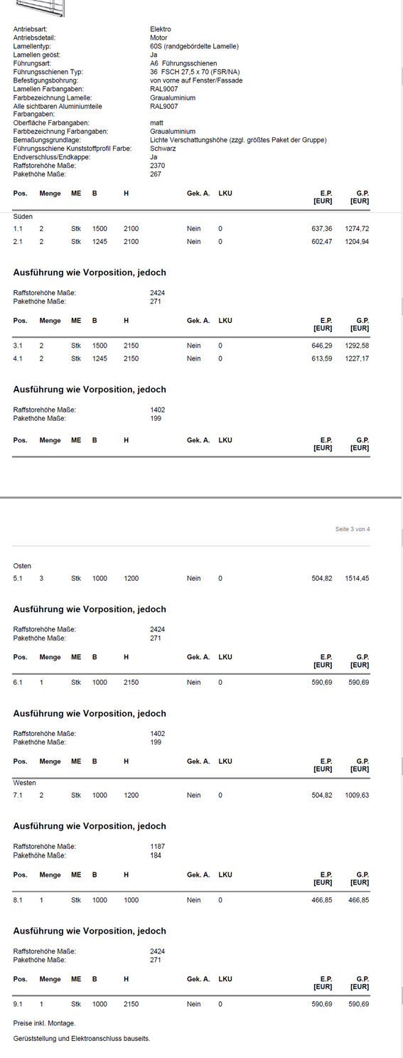 Dokument mit Raffstore-Maßen und Kostenberechnung, Bauunterlagen Seite 3 von 4