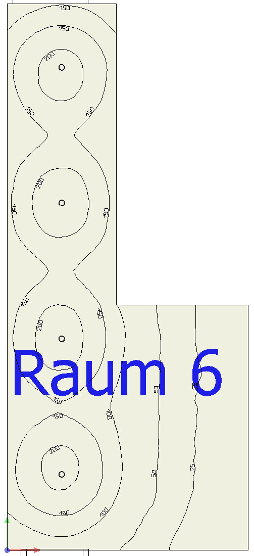 Längliches Konturdiagramm mit konzentrischen Kreisen und blauem Text Raum 6 unten.