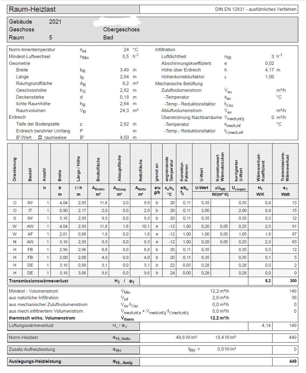 Raum-Heizlast-Datenblatt mit Gebäude- und Geometrieparametern sowie Heizlastwerten.