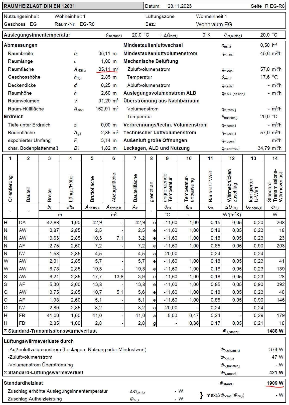 Raumheizlast DIN EN 12831: Übersichtsblatt mit Abmessungen, Temperaturen und Lüftungsdaten