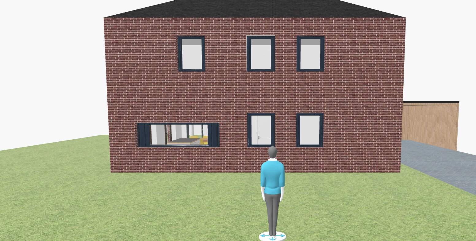 3D-Avatar vor rotem Backsteinhaus mit dunklen Fenstern; Innenraum durch linkes Fenster sichtbar.