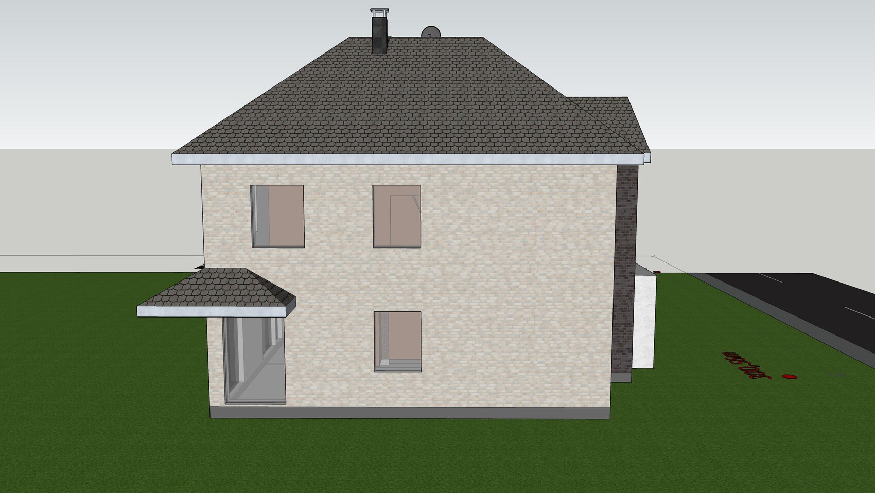 Zweigeschossiges Haus mit beigefarbener Steinfassade, grauem Schindeldach, Kamin und Glasvordach.