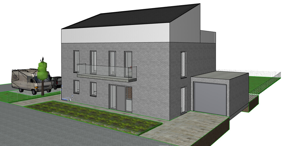 Modernes graues Haus mit Balkon, Garage und Vorgarten; Lieferwagen davor.