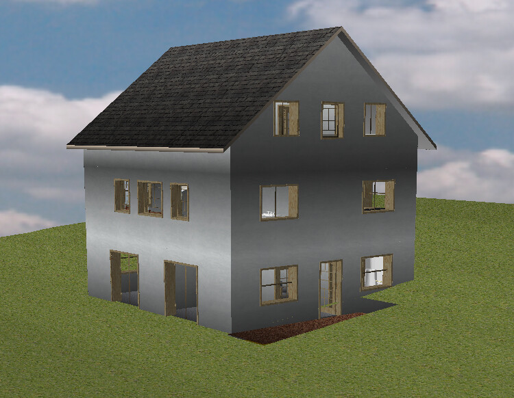Zweistöckiges graues Haus mit Satteldach auf grünem Gelände, viele Fenster und Türen.