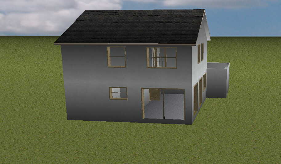 Zweistöckiges graues Haus mit dunklem Dach auf Gras; vordere Tür geöffnet, Innenraum sichtbar.