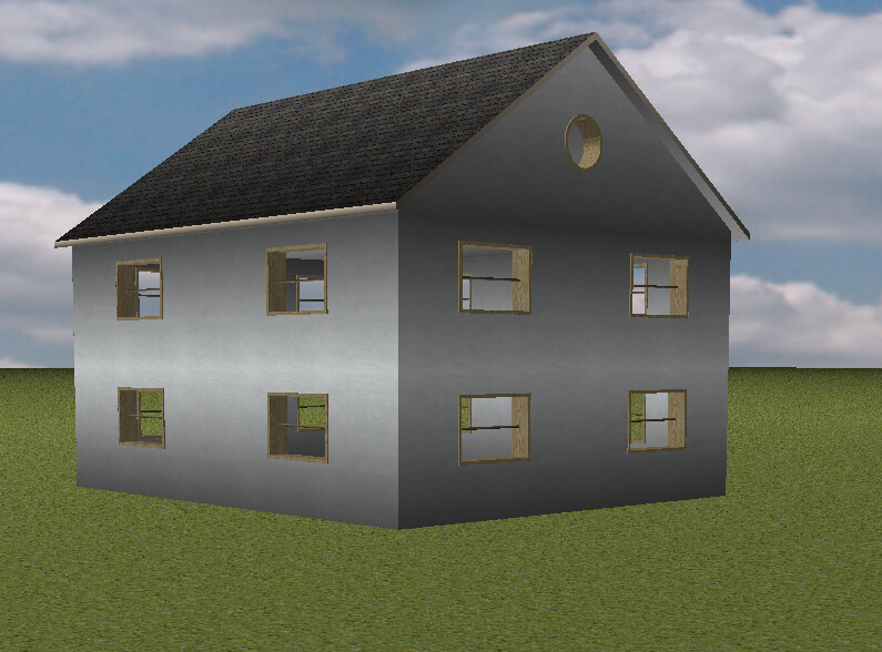 Zweistöckiges graues Haus mit dunklem Dach und offenen Fenstern auf grünem Rasen.