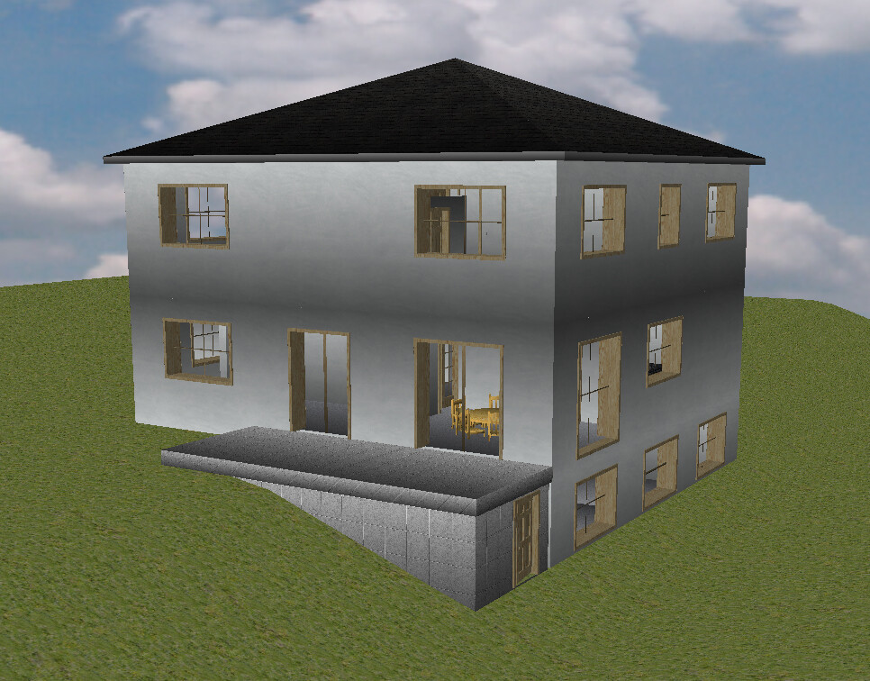 3D-Modell eines zweistöckigen Hauses mit grauen Wänden, dunklem Dach, Holzfenstern und Terrasse.