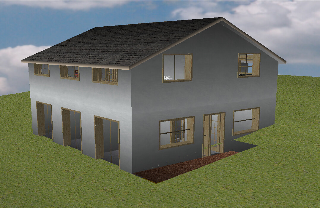 Zweistöckiges graues Haus mit Holzzargenfenstern, Satteldach und grünem Rasen.