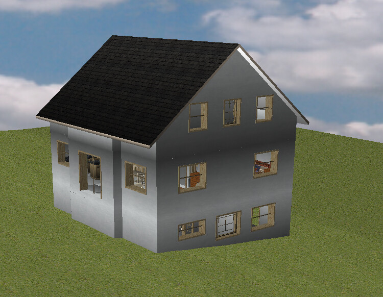 3D-Modell: graues zweistöckiges Haus mit schwarzem Dach auf Gras; Fenster sichtbar